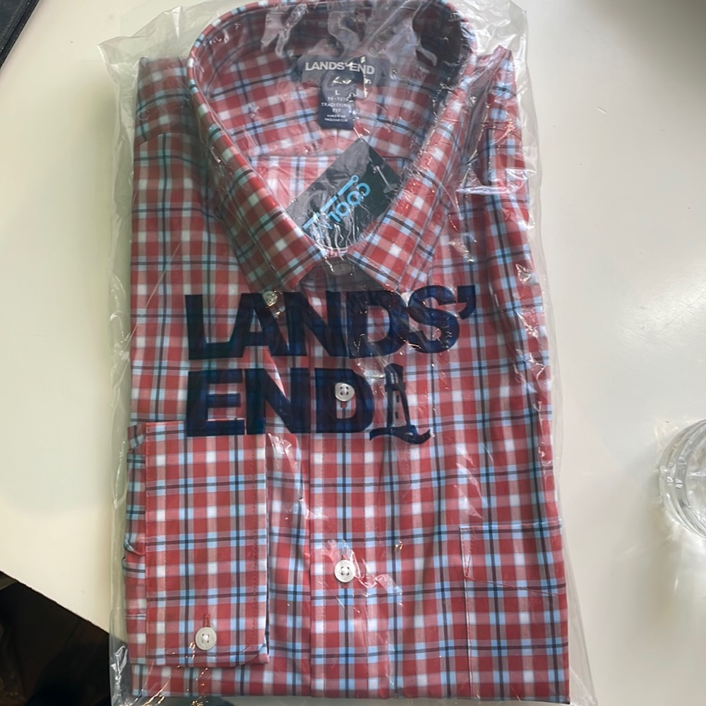 New w/ Tags Original Plastic Lands End Red Plaid Long Sleeve Button Up Shirt